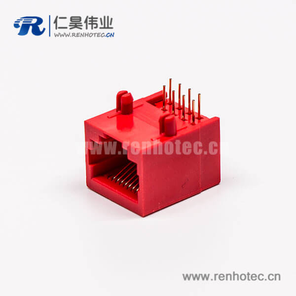 rj45网络接口母座红色全塑8P8C90度接PCB板