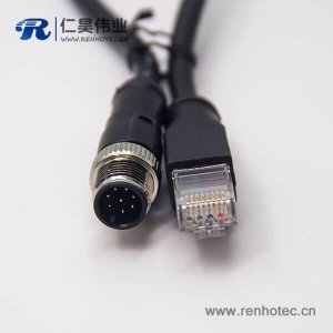 m12转rj45 8芯不带屏蔽m12公头A型转RJ45水晶头组装电缆 1M AWG24