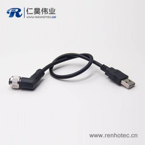 m12母头弯式17芯工业防水直式公头不带屏蔽A编码插头转USB2.01M AWG26