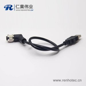 m12母头弯式17芯工业防水直式公头不带屏蔽A编码插头转USB2.01M AWG26