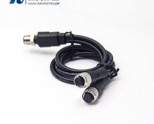 m12航空电缆插头A编码5芯一公转两母成型式注塑线50CM AWG22不带屏蔽