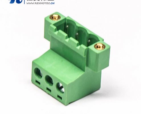 螺钉式3芯弯式带2孔插拔式PCB接线端子法兰绿色插拔式端子