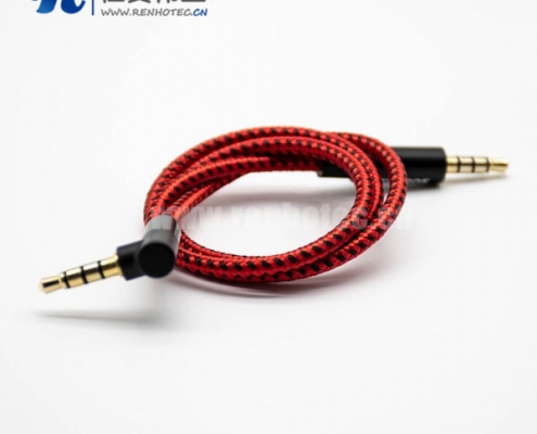 耳机镀金插头公转公4极直对弯红色音频线0.5米-3米