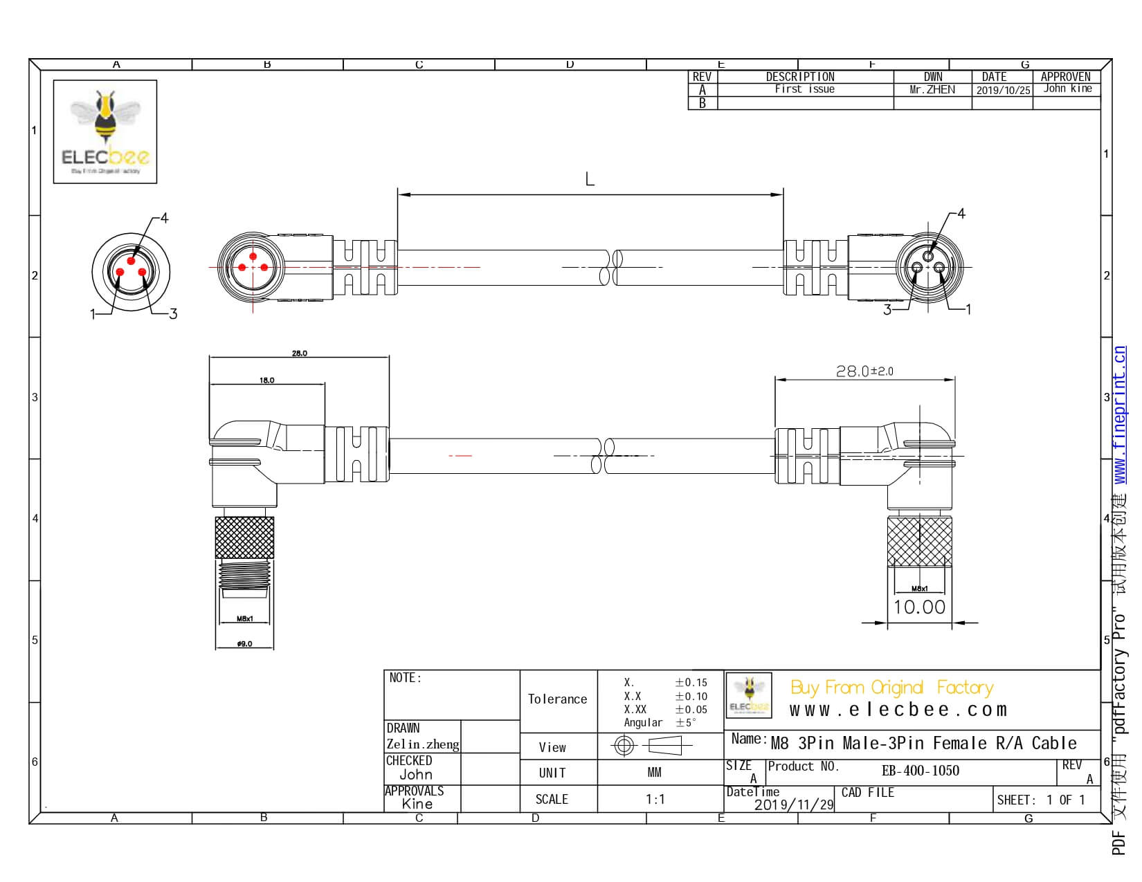 M8插头针脚成型式插头90度弯角3芯公插头转母插头接1米PVC26AWG线