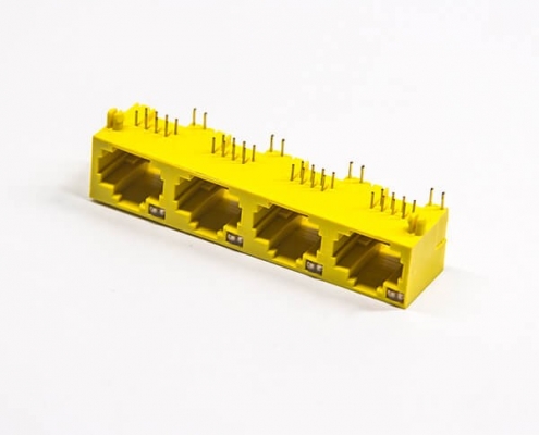 黄色RJ45母座单层多端口1x4非屏蔽式带灯插PCB板